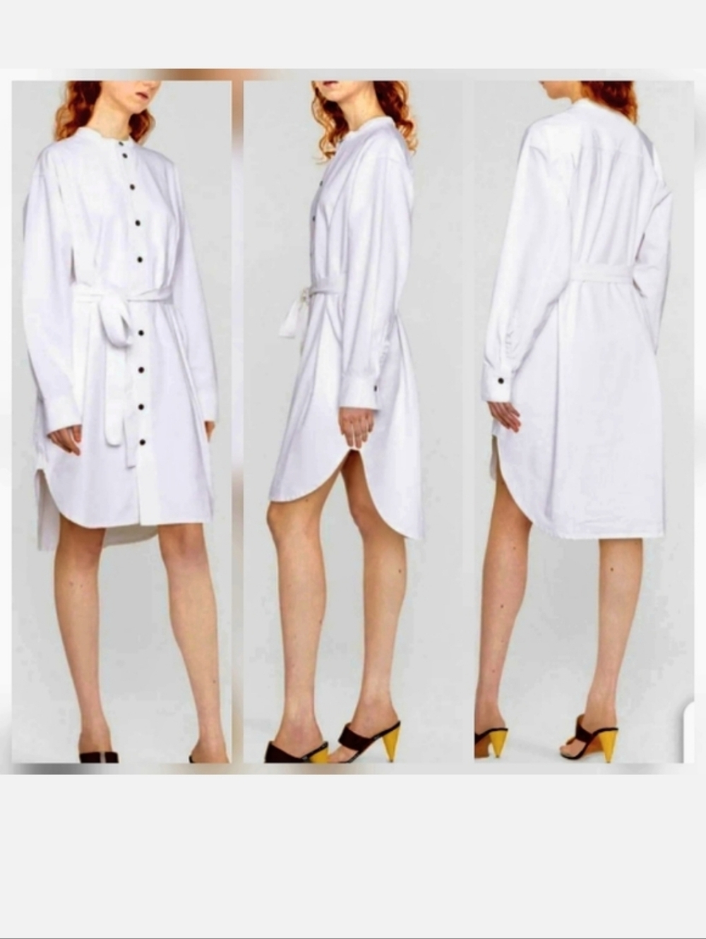 Victoria Beckham White Long-Sleeve Shirt Dress with Tie Waist
